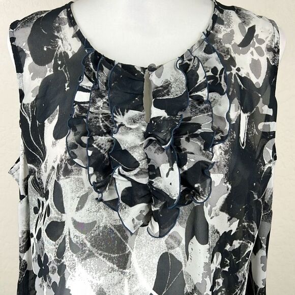 Lane Bryant Floral Ruffle Blouse Sheer Sleeveless Top Black Gray White 16 Plus - Picture 6 of 11